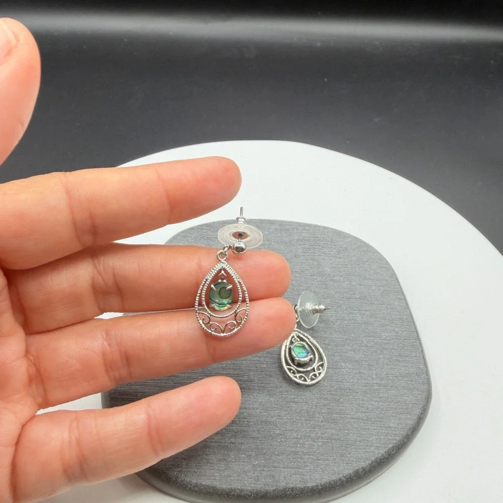 Abalone Shell Teardrop Dangle Earrings Silver Tone Scroll Drop Boho Jewelry